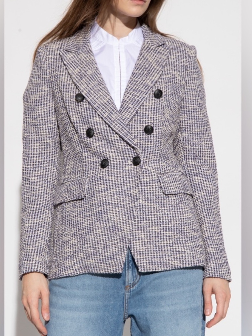 rag & bone Preston Double Breasted Tweed Blazer in Navy & White